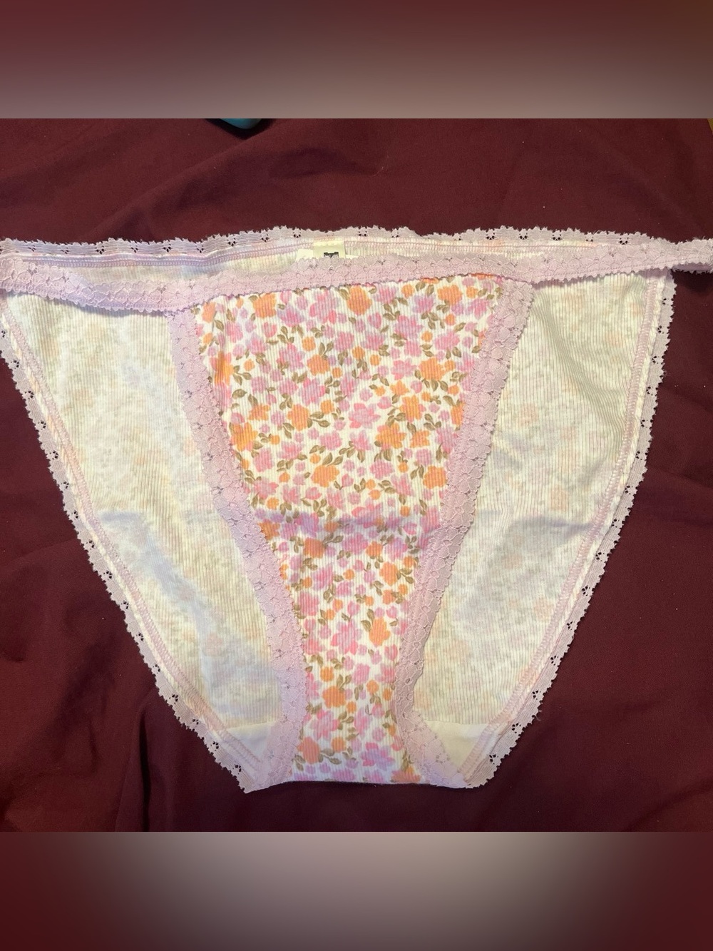 PINK Victoria's Secret Ribbed Floral Bikini Panties - Pink, Orange, Cream
